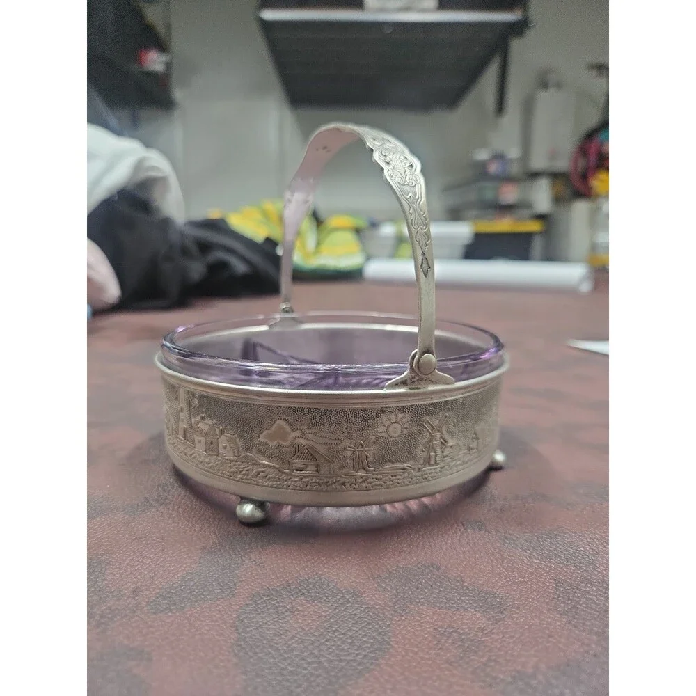 Vintage Farberware Pink Depression Glass Divided Relish Dish w/ Metal Caddy